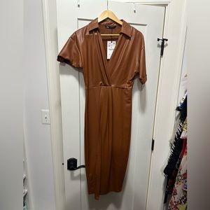 Zara vegan leather faux wrap midi dress